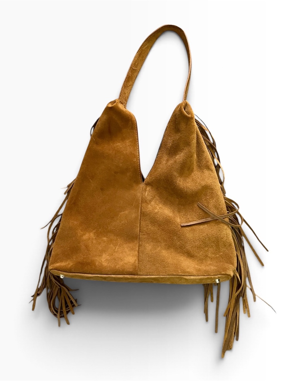 NWOT Divina Firenze Italian Suede Fringed Hobo Shoulder Bag Cognac Brown